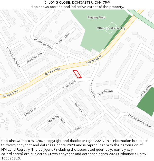 6, LONG CLOSE, DONCASTER, DN4 7PW: Location map and indicative extent of plot