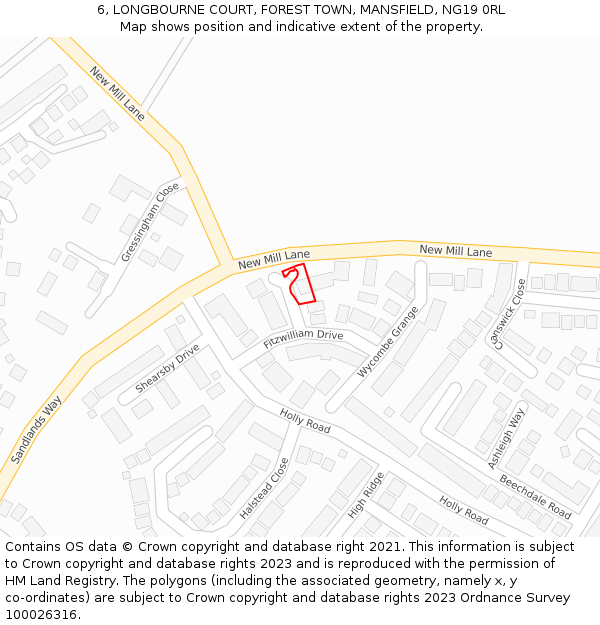 6, LONGBOURNE COURT, FOREST TOWN, MANSFIELD, NG19 0RL: Location map and indicative extent of plot