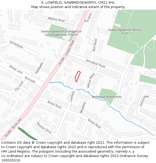 6, LOWFIELD, SAWBRIDGEWORTH, CM21 9HL: Location map and indicative extent of plot