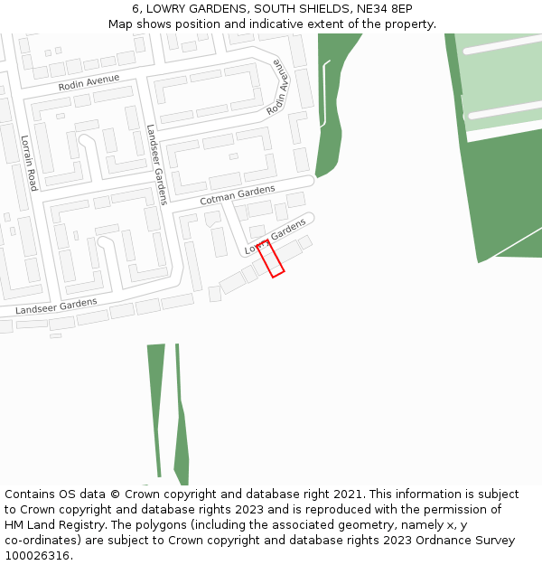 6, LOWRY GARDENS, SOUTH SHIELDS, NE34 8EP: Location map and indicative extent of plot