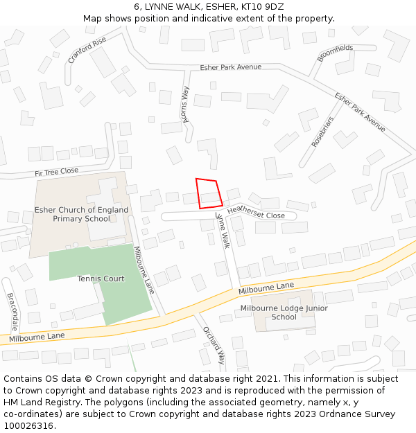 6, LYNNE WALK, ESHER, KT10 9DZ: Location map and indicative extent of plot