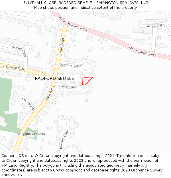 6, LYTHALL CLOSE, RADFORD SEMELE, LEAMINGTON SPA, CV31 1UG: Location map and indicative extent of plot