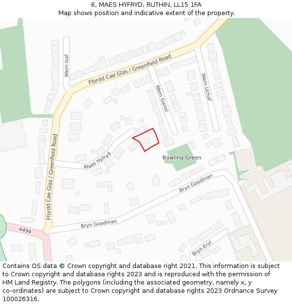 6, MAES HYFRYD, RUTHIN, LL15 1FA: Location map and indicative extent of plot