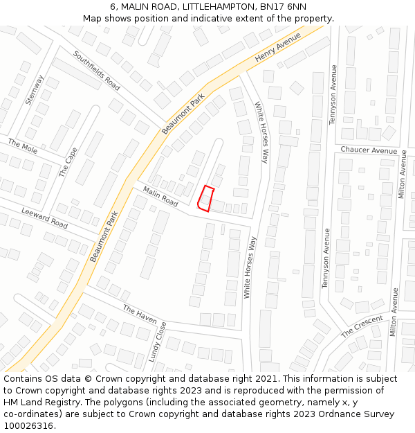 6, MALIN ROAD, LITTLEHAMPTON, BN17 6NN: Location map and indicative extent of plot