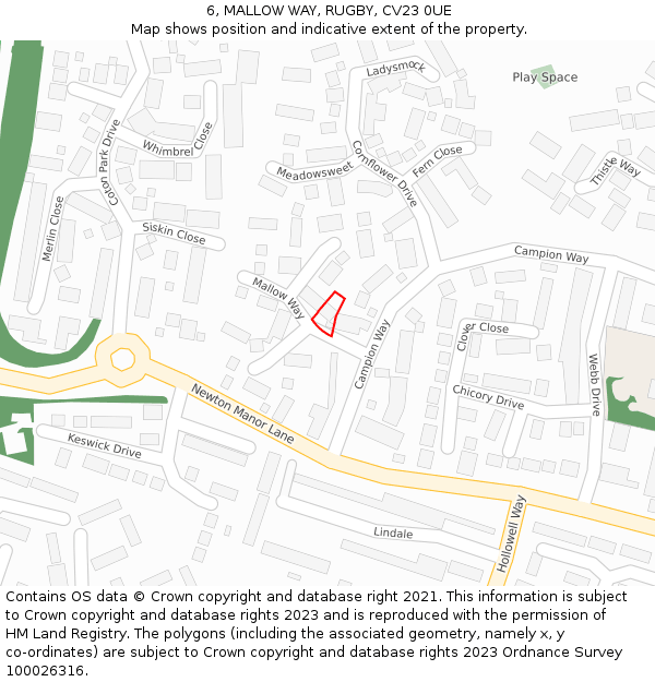 6, MALLOW WAY, RUGBY, CV23 0UE: Location map and indicative extent of plot