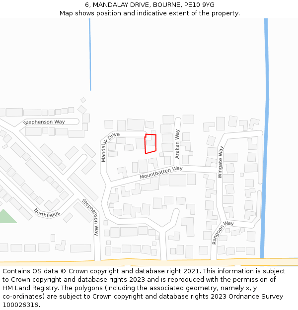 6, MANDALAY DRIVE, BOURNE, PE10 9YG: Location map and indicative extent of plot