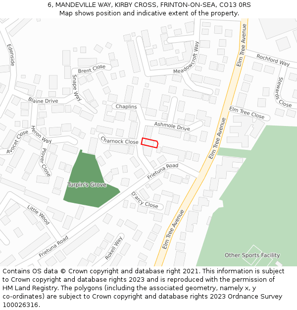 6, MANDEVILLE WAY, KIRBY CROSS, FRINTON-ON-SEA, CO13 0RS: Location map and indicative extent of plot