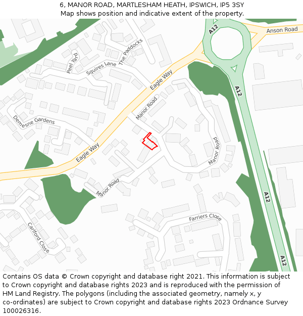 6, MANOR ROAD, MARTLESHAM HEATH, IPSWICH, IP5 3SY: Location map and indicative extent of plot