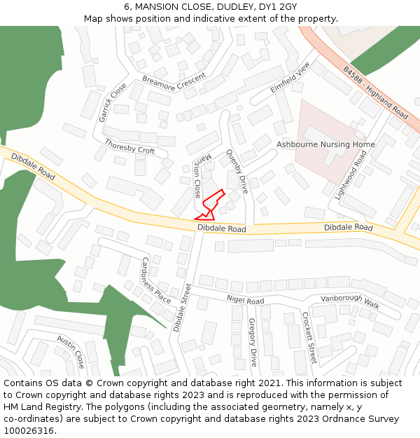 6, MANSION CLOSE, DUDLEY, DY1 2GY: Location map and indicative extent of plot