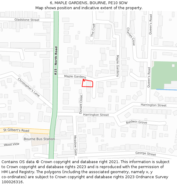 6, MAPLE GARDENS, BOURNE, PE10 9DW: Location map and indicative extent of plot