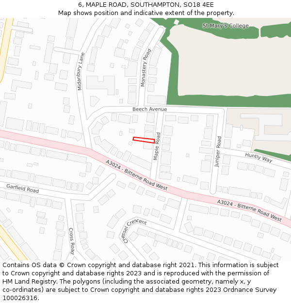 6, MAPLE ROAD, SOUTHAMPTON, SO18 4EE: Location map and indicative extent of plot