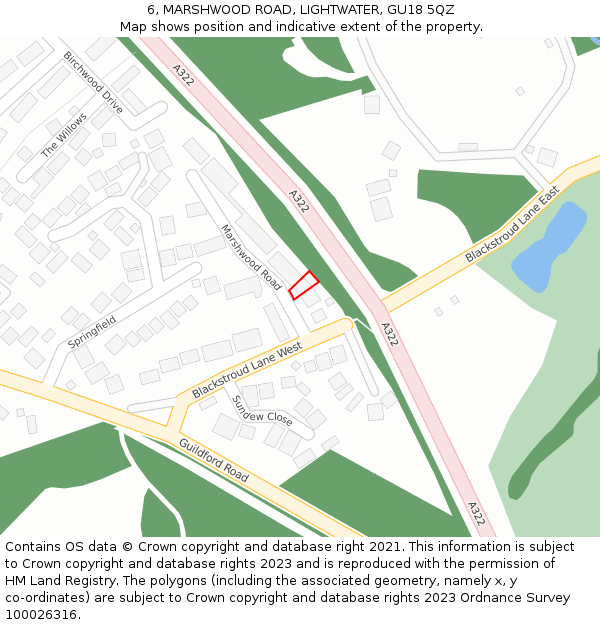 6, MARSHWOOD ROAD, LIGHTWATER, GU18 5QZ: Location map and indicative extent of plot