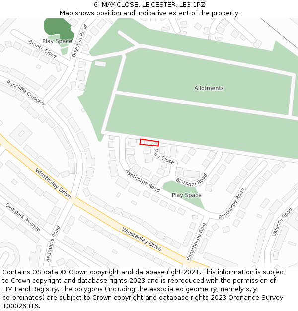 6, MAY CLOSE, LEICESTER, LE3 1PZ: Location map and indicative extent of plot