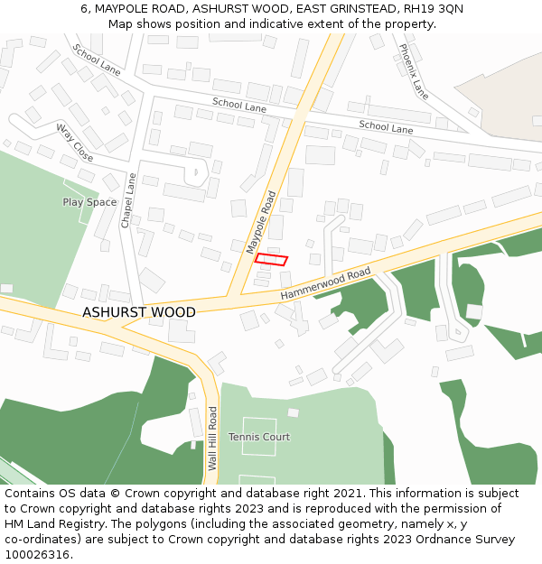 6, MAYPOLE ROAD, ASHURST WOOD, EAST GRINSTEAD, RH19 3QN: Location map and indicative extent of plot
