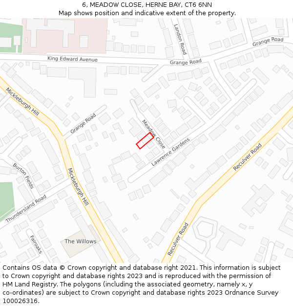 6, MEADOW CLOSE, HERNE BAY, CT6 6NN: Location map and indicative extent of plot