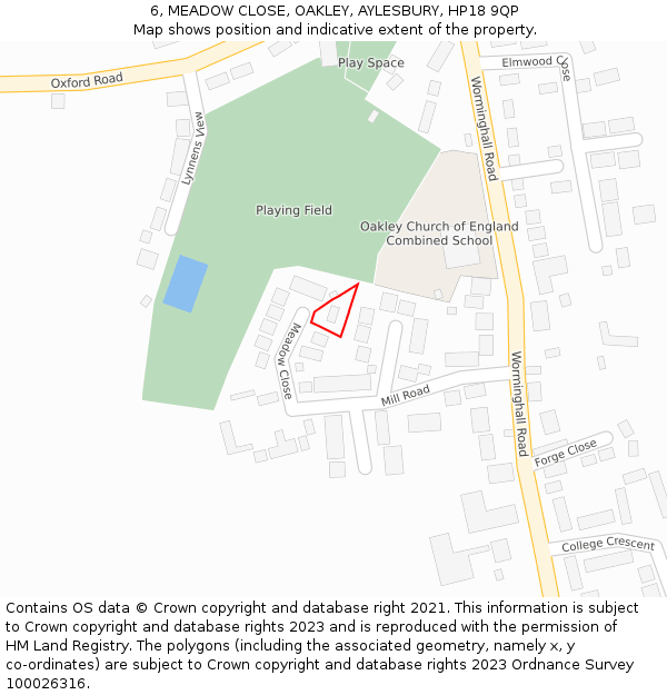 6, MEADOW CLOSE, OAKLEY, AYLESBURY, HP18 9QP: Location map and indicative extent of plot