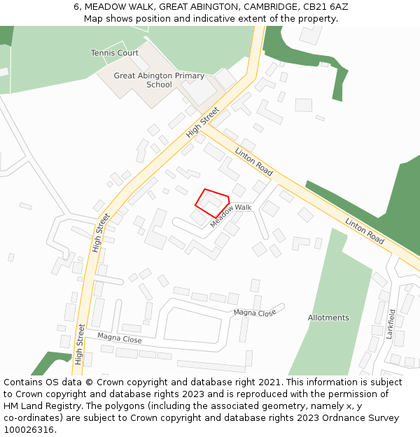 6, MEADOW WALK, GREAT ABINGTON, CAMBRIDGE, CB21 6AZ: Location map and indicative extent of plot