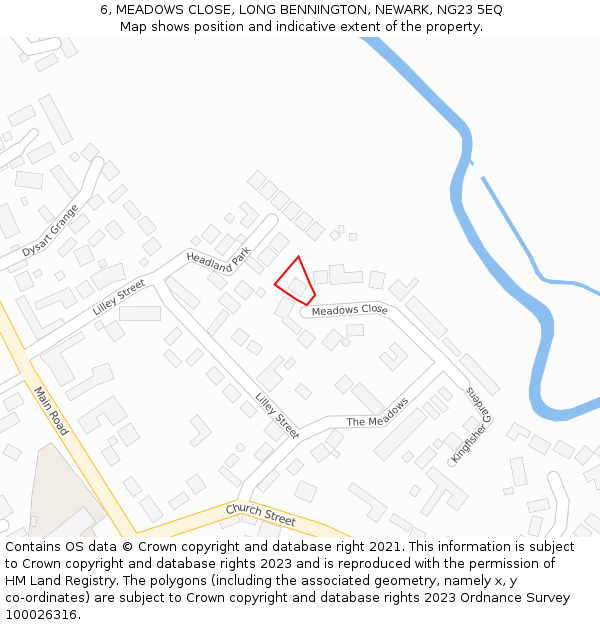 6, MEADOWS CLOSE, LONG BENNINGTON, NEWARK, NG23 5EQ: Location map and indicative extent of plot