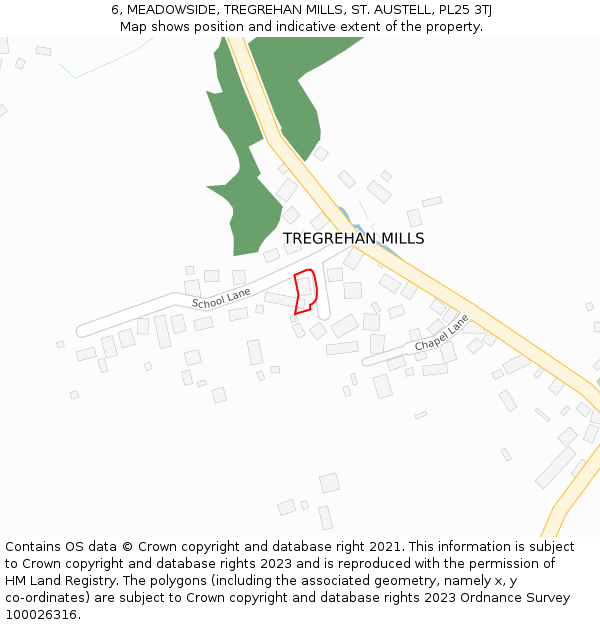 6, MEADOWSIDE, TREGREHAN MILLS, ST. AUSTELL, PL25 3TJ: Location map and indicative extent of plot