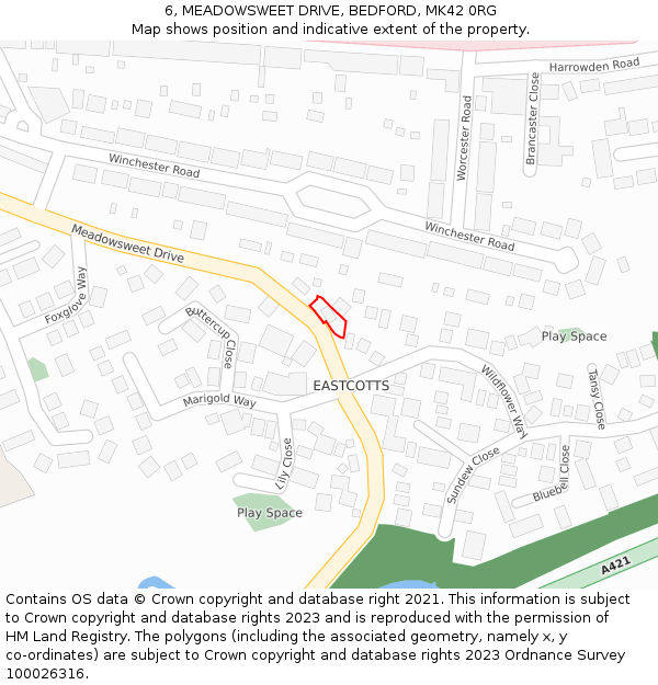 6, MEADOWSWEET DRIVE, BEDFORD, MK42 0RG: Location map and indicative extent of plot