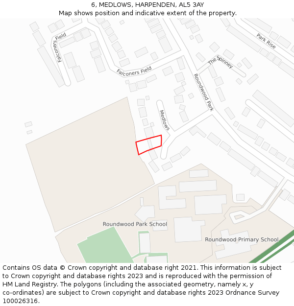 6, MEDLOWS, HARPENDEN, AL5 3AY: Location map and indicative extent of plot