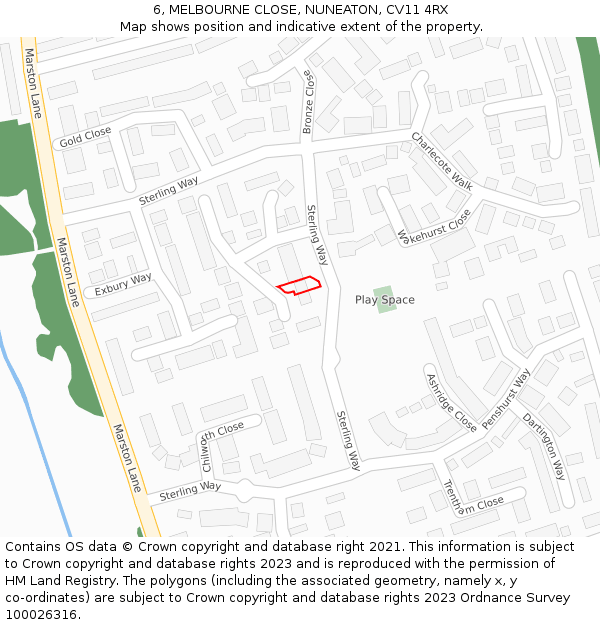 6, MELBOURNE CLOSE, NUNEATON, CV11 4RX: Location map and indicative extent of plot