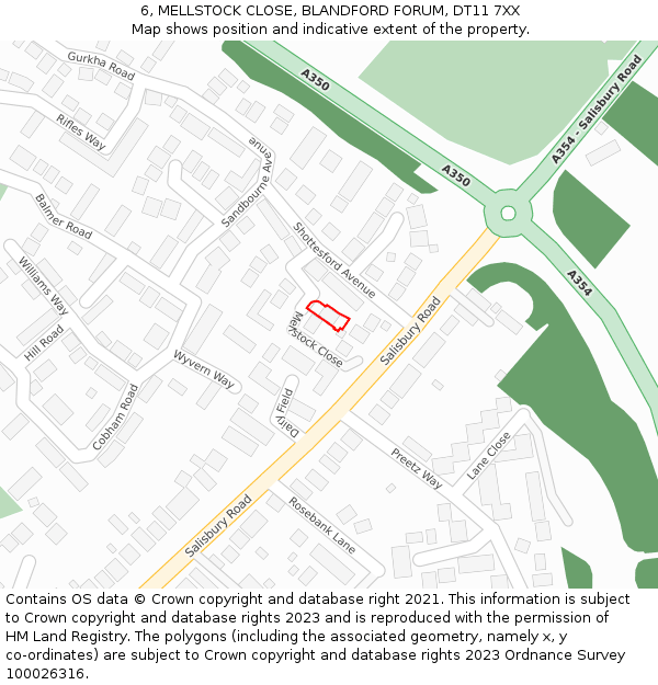 6, MELLSTOCK CLOSE, BLANDFORD FORUM, DT11 7XX: Location map and indicative extent of plot