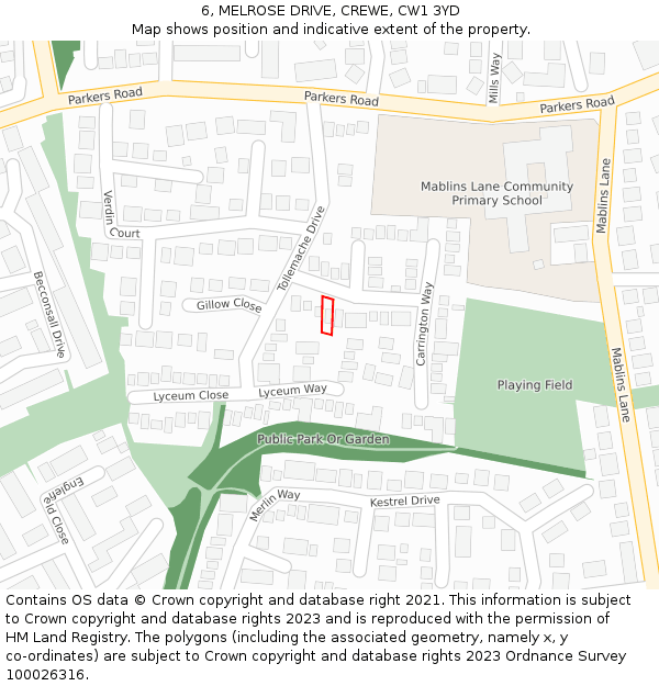 6, MELROSE DRIVE, CREWE, CW1 3YD: Location map and indicative extent of plot