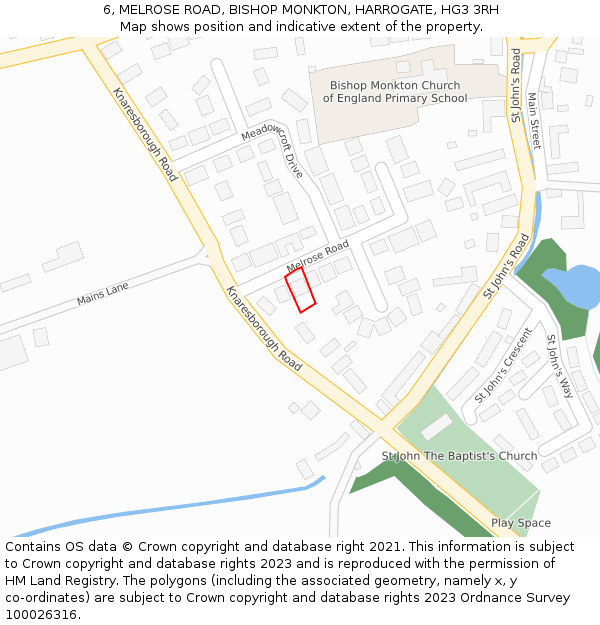 6, MELROSE ROAD, BISHOP MONKTON, HARROGATE, HG3 3RH: Location map and indicative extent of plot