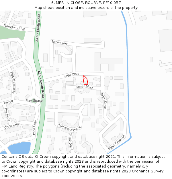 6, MERLIN CLOSE, BOURNE, PE10 0BZ: Location map and indicative extent of plot