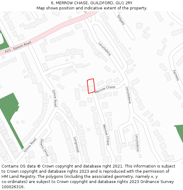 6, MERROW CHASE, GUILDFORD, GU1 2RY: Location map and indicative extent of plot