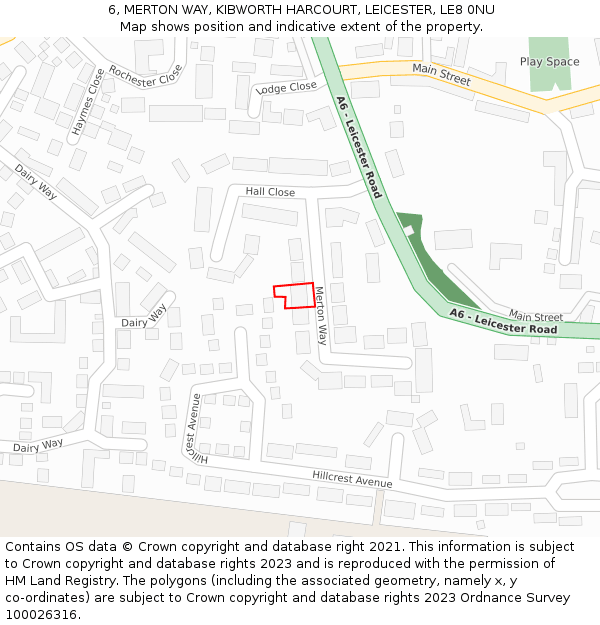 6, MERTON WAY, KIBWORTH HARCOURT, LEICESTER, LE8 0NU: Location map and indicative extent of plot