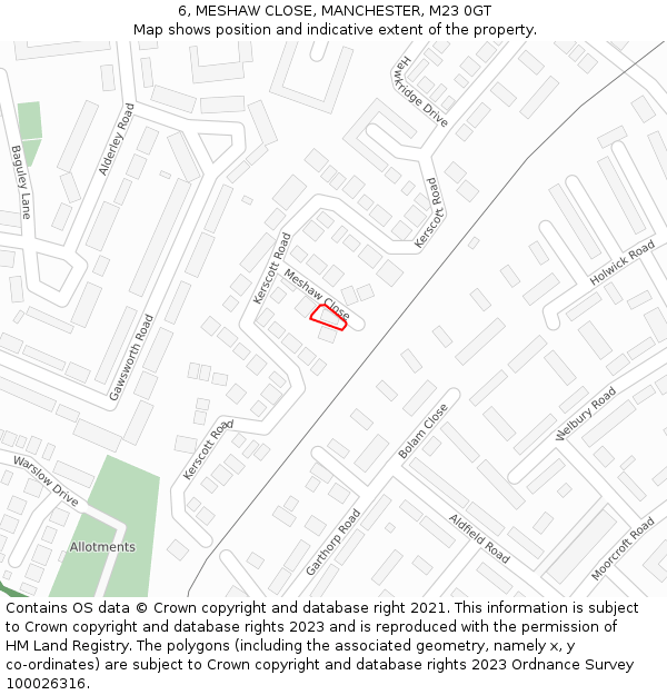 6, MESHAW CLOSE, MANCHESTER, M23 0GT: Location map and indicative extent of plot