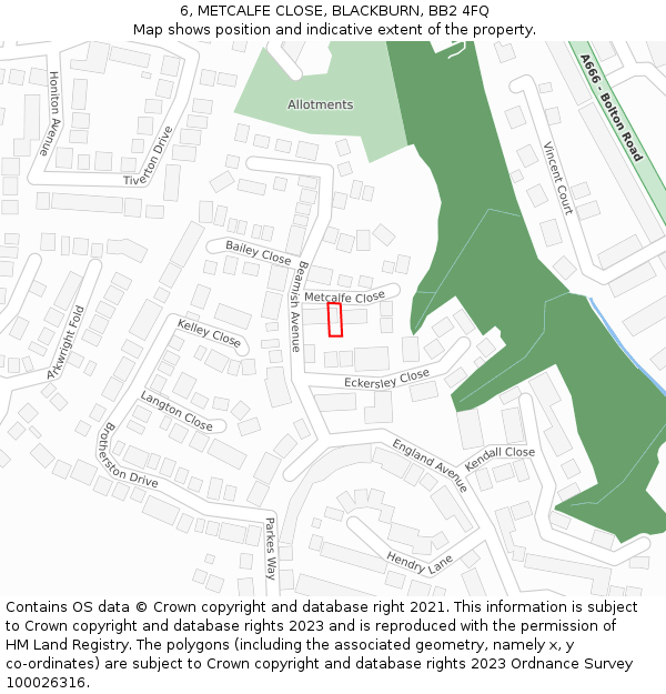 6, METCALFE CLOSE, BLACKBURN, BB2 4FQ: Location map and indicative extent of plot