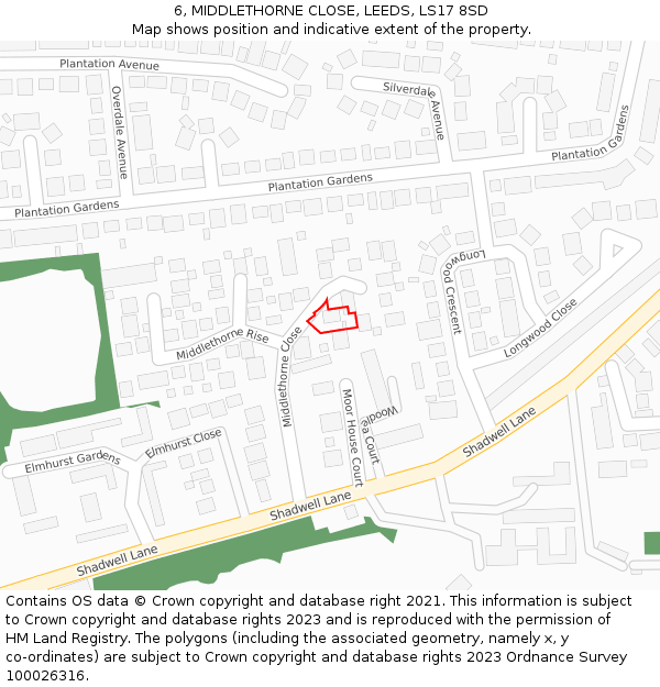 6, MIDDLETHORNE CLOSE, LEEDS, LS17 8SD: Location map and indicative extent of plot