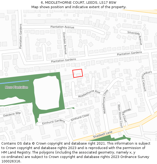 6, MIDDLETHORNE COURT, LEEDS, LS17 8SW: Location map and indicative extent of plot