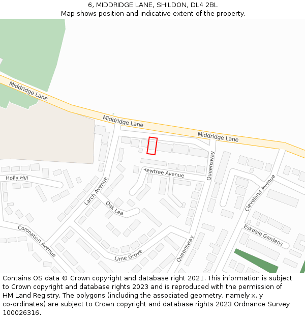 6, MIDDRIDGE LANE, SHILDON, DL4 2BL: Location map and indicative extent of plot