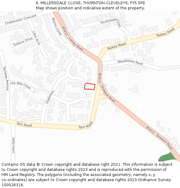 6, MILLERSDALE CLOSE, THORNTON-CLEVELEYS, FY5 5PE: Location map and indicative extent of plot