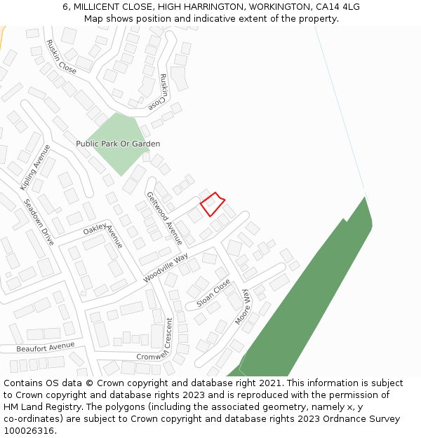 6, MILLICENT CLOSE, HIGH HARRINGTON, WORKINGTON, CA14 4LG: Location map and indicative extent of plot