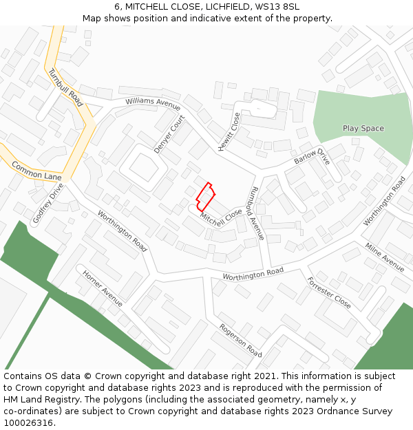 6, MITCHELL CLOSE, LICHFIELD, WS13 8SL: Location map and indicative extent of plot