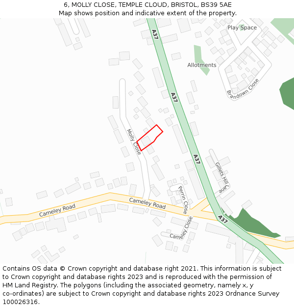 6, MOLLY CLOSE, TEMPLE CLOUD, BRISTOL, BS39 5AE: Location map and indicative extent of plot