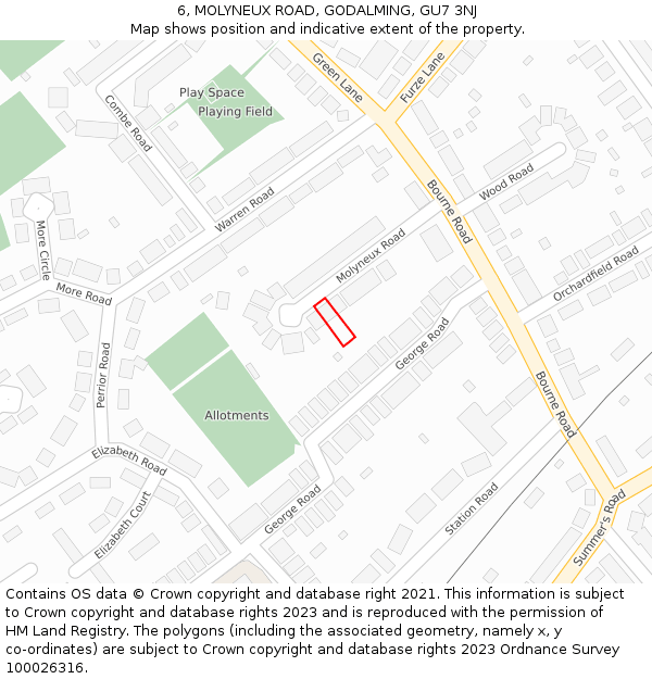 6, MOLYNEUX ROAD, GODALMING, GU7 3NJ: Location map and indicative extent of plot