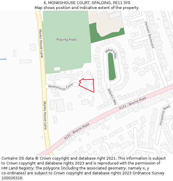 6, MONKSHOUSE COURT, SPALDING, PE11 3YS: Location map and indicative extent of plot