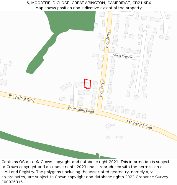 6, MOOREFIELD CLOSE, GREAT ABINGTON, CAMBRIDGE, CB21 6BX: Location map and indicative extent of plot