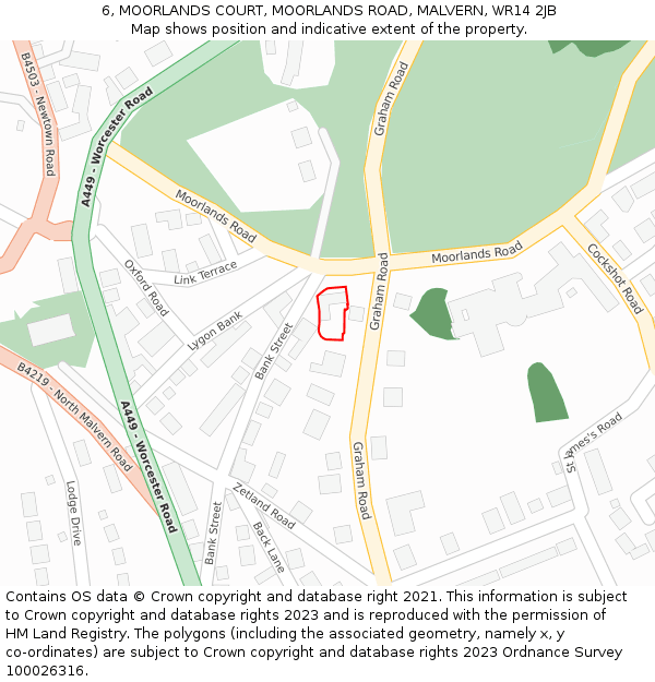 6, MOORLANDS COURT, MOORLANDS ROAD, MALVERN, WR14 2JB: Location map and indicative extent of plot
