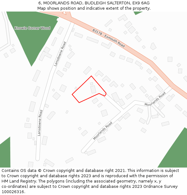 6, MOORLANDS ROAD, BUDLEIGH SALTERTON, EX9 6AG: Location map and indicative extent of plot