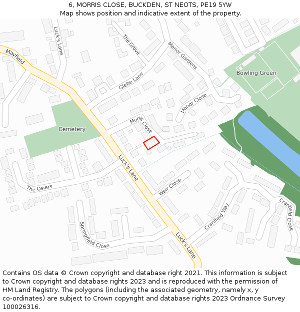 6, MORRIS CLOSE, BUCKDEN, ST NEOTS, PE19 5YW: Location map and indicative extent of plot