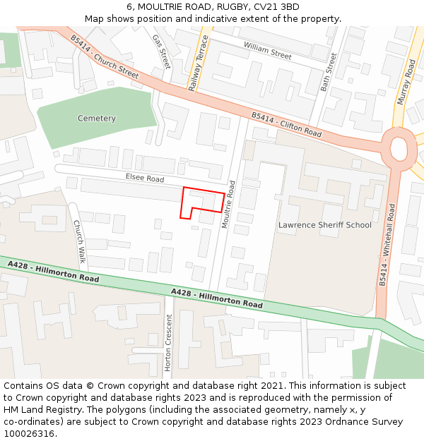 6, MOULTRIE ROAD, RUGBY, CV21 3BD: Location map and indicative extent of plot