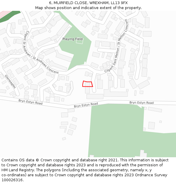 6, MUIRFIELD CLOSE, WREXHAM, LL13 9FX: Location map and indicative extent of plot