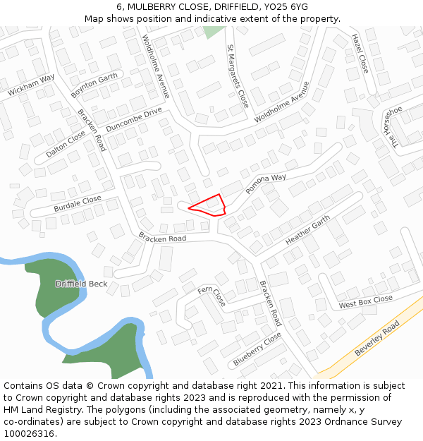 6, MULBERRY CLOSE, DRIFFIELD, YO25 6YG: Location map and indicative extent of plot